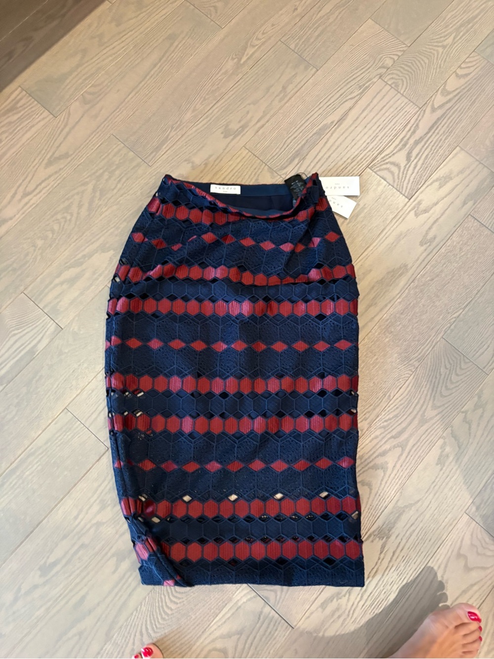 Sandro Navy & Burgundy Hex-Stripe Pencil Skirt